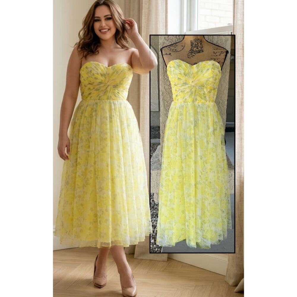 Lulus Strapless Yellow Floral Mesh Midi Perfect Whimsy Dress Size M